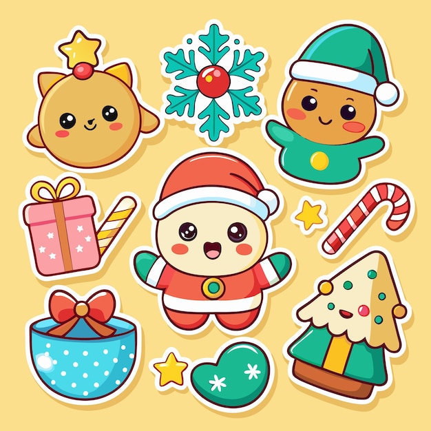 Una colección de bonitas pegatinas navideñas con Papá Noel un hombre de pan de jengibre un árbol de Navidad y más todo con grandes ojos y sonrisas