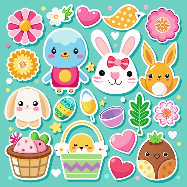 Una colección de bonitas pegatinas de Pascua con conejitos, pájaros, flores y corazones sobre un fondo turquesa