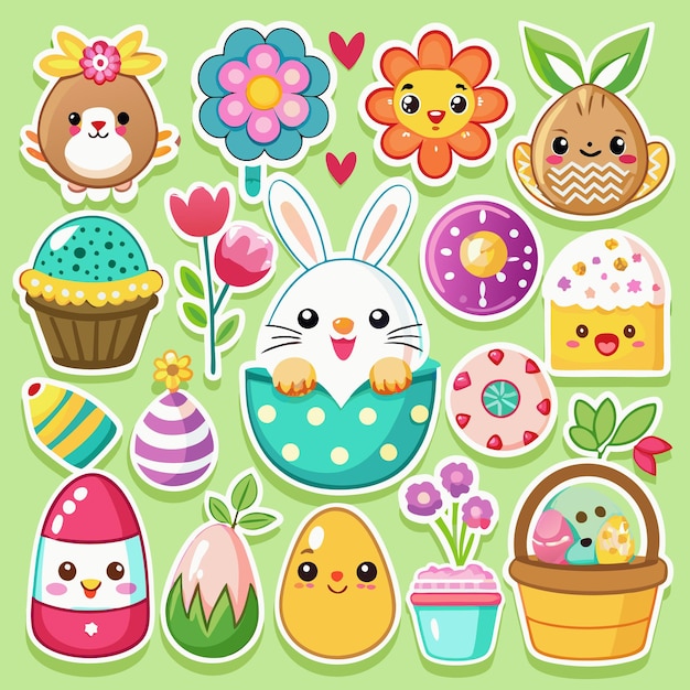 Una colección de bonitas pegatinas de Pascua con huevos de conejo, flores, pastel de canasta y más.