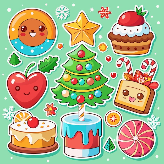 Una colección de bonitas pegatinas con temática navideña al estilo de dibujos animados que incluyen un árbol de Navidad presenta bastones de caramelo y golosinas festivas