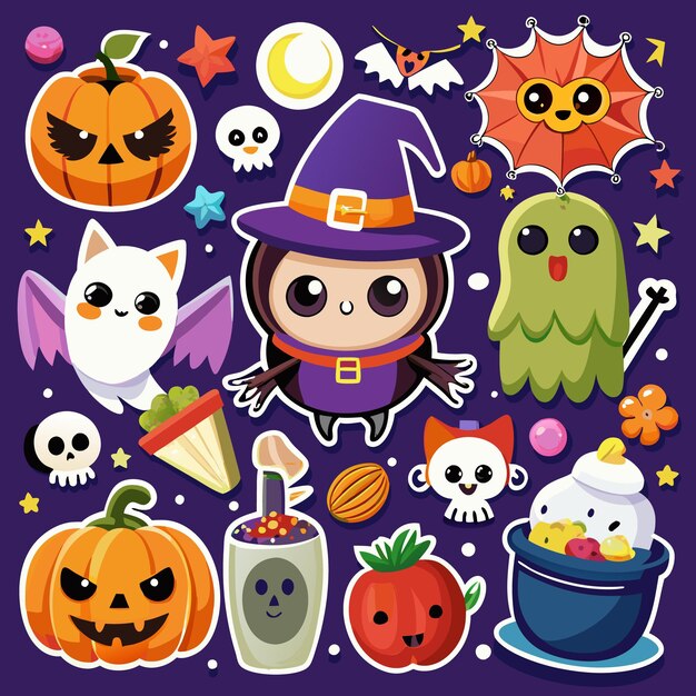 Una colección de bonitas pegatinas temáticas de Halloween con fantasmas de calabazas brujas y otros personajes espeluznantes