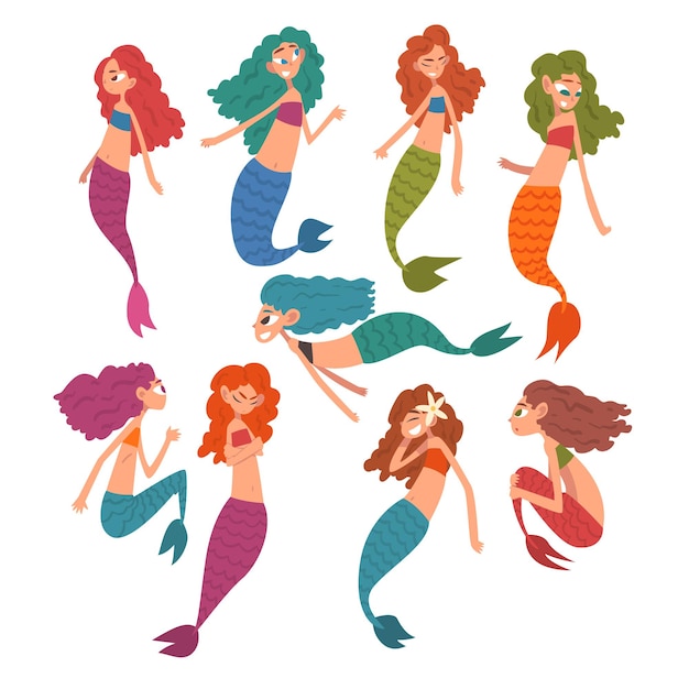 Colección de bonitas sirenas cuentos de hadas criaturas míticas personajes de dibujos animados ilustración vectorial sobre fondo blanco