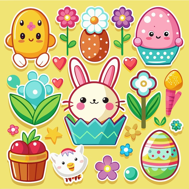 Una colección de bonitos iconos de Pascua con un conejo, flores, pollos, huevos y zanahorias.