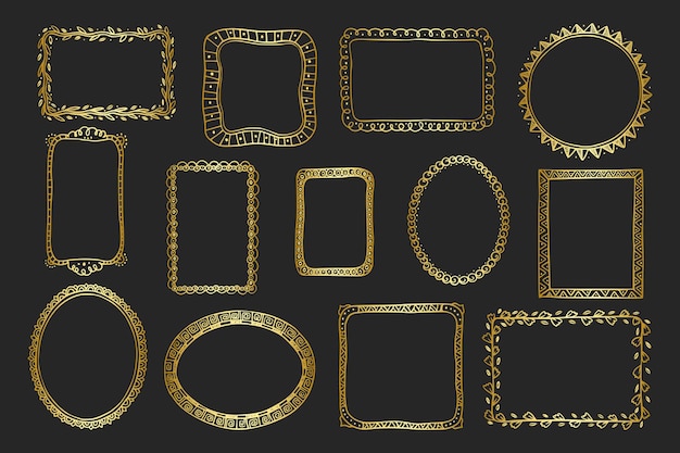 Colección de borde de marcos de estilo Doodle dorado