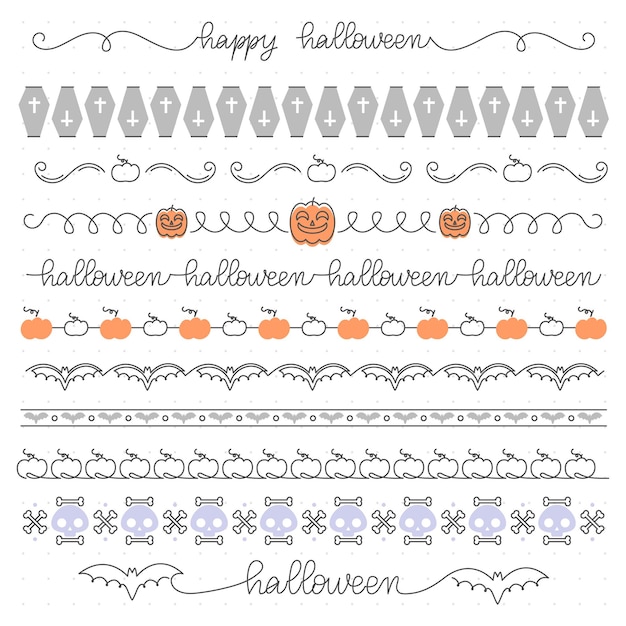 Colección de bordes sin costuras con temática de Halloween estilo simple de una línea grosor de línea editable Ilustración vectorial