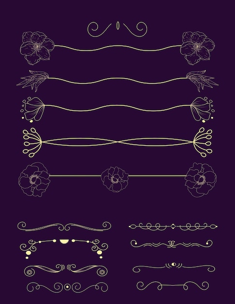 Colección de bordes dibujados a mano remolinos únicos y separadores para su diseño. etiqueta de vector, cinta, símbolo, adorno, marcos y elementos de desplazamiento.