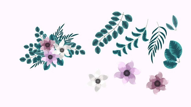 Colección botánica de arreglos florales silvestres con flores de jardín, hierbas, hojas, ramas