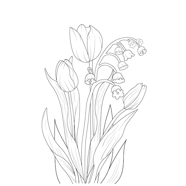 Colección botánica dibujada a mano hoja de flor de tulipán o dibujo vectorial de capullo página para colorear dibujada a mano.