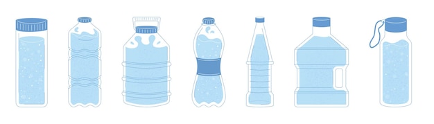 Colección de botellas de agua de diferentes formas y estilos Conjunto de botillas de plástico para varios usos Conjunto del icono de botella de plástico en color azul Estilo de contorno plano con texturas