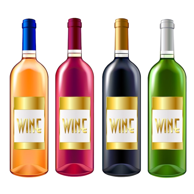 Colección de botellas de alcohol colorido aislado en blanco