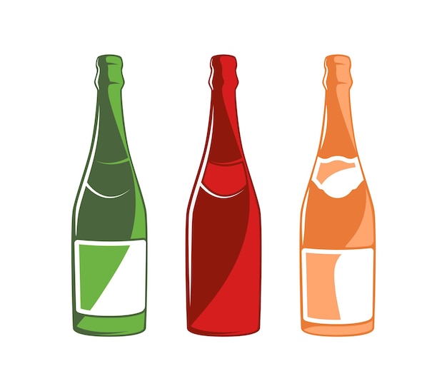 Colección de botellas de champán aislado sobre fondo blanco.