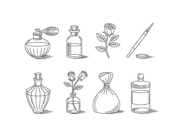 Colección de botellas de perfume e ilustraciones botánicas
