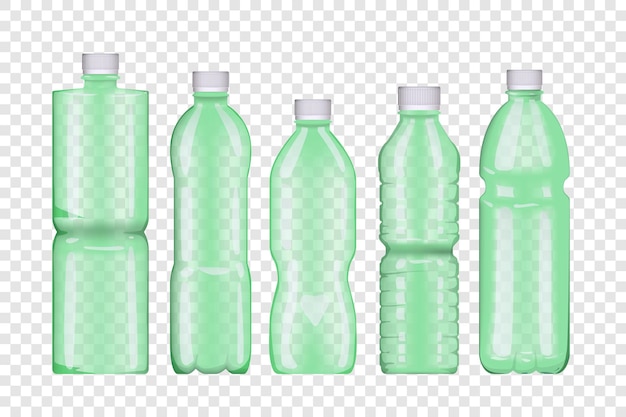 Vector colección de botellas de plástico aisladas sobre fondo transparente.