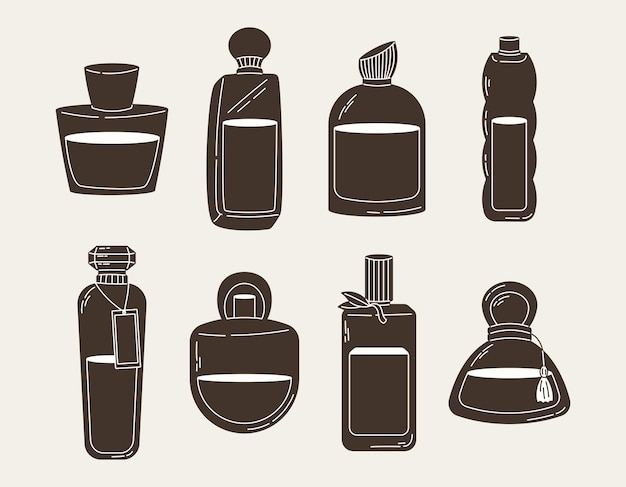Colección de botellas de vidrio elegantes de perfume fragante conjunto vectorial de íconos de eau de parfum