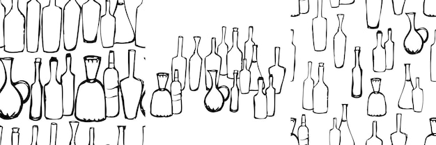 Colección de botellas de vino contorno dibujos a mano patrones sin costuras fondos vectoriales papel tapiz
