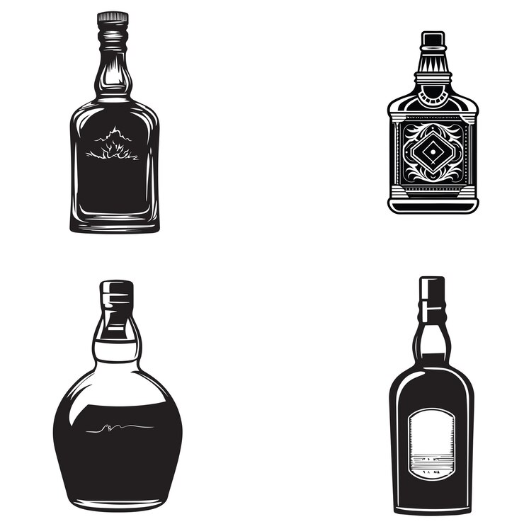 Vector colección de botellas de whisky vintage botella de whisky ilustración de botella bundle de whisky vaso de licor vector