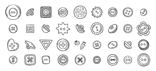 Colección de botones de costura línea dibujados a mano dibujos artísticos conjuntos de iconos accesorios de costura ropa varias formas de contorno