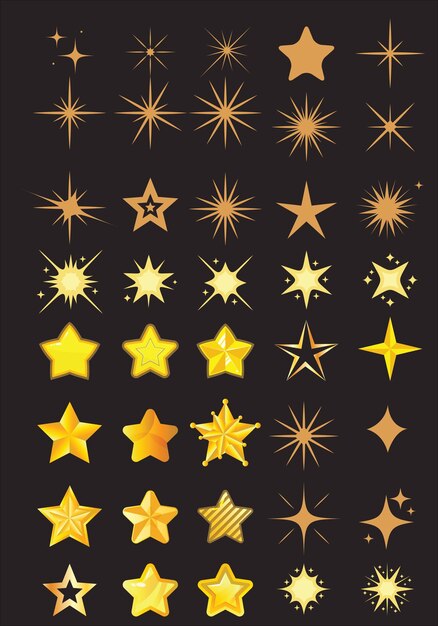 Vector colección de brillantes íconos originales de estrellas vectoriales de oro amarillo brillantes fuegos artificiales brillantes