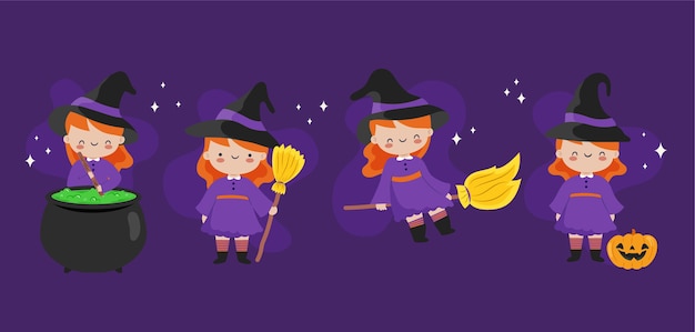 Vector colección brujas de halloween planas dibujadas a mano