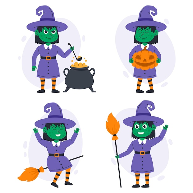 Vector colección brujas de halloween planas dibujadas a mano