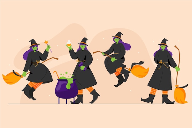 Vector colección brujas de halloween planas dibujadas a mano