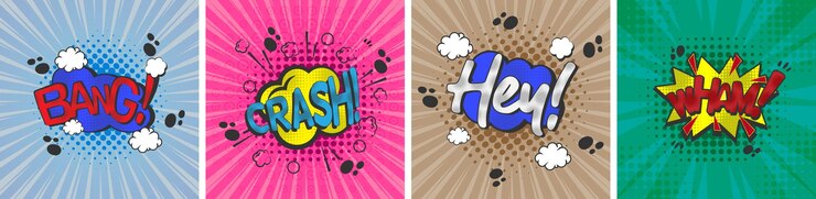 Vector colección de burbujas de cómic de texto, wham, hey, crash and bang, arte pop de estilo de dibujos animados,