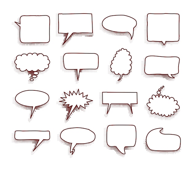 Colección de burbujas de discurso cómico vacías con sombras de medio tono Adhesivos de dibujos animados retro dibujados a mano Estilo de arte pop Ilustración vectorial
