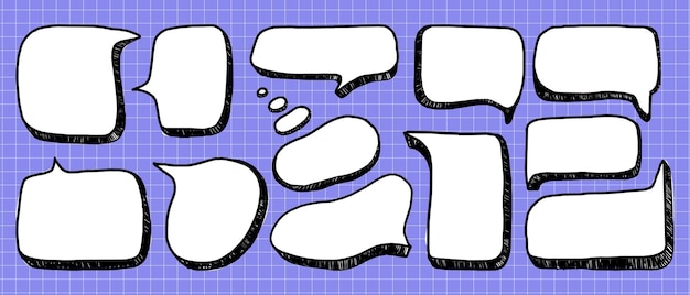 Una colección de burbujas de habla al estilo de los cómics en un fondo de cuadrícula azul Elementos de diseño de Doodle de varias formas