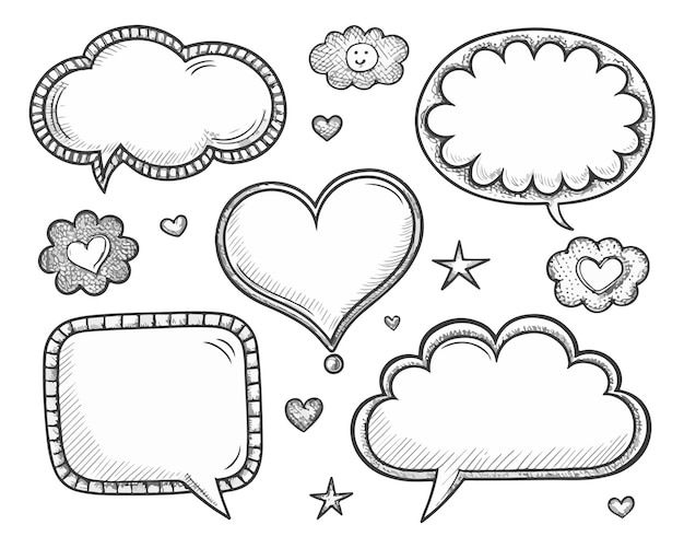 una colección de burbujas de habla y nubes con un corazón en la parte superior