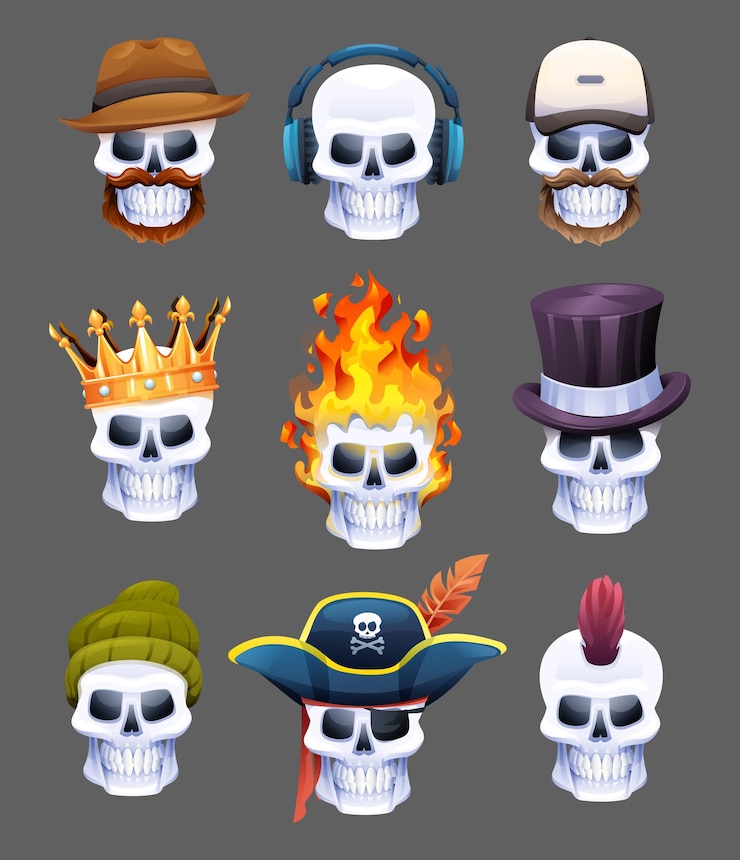 Vector colección de cabezas de calaveras en varios personajes. ilustración de dibujos animados de calaveras