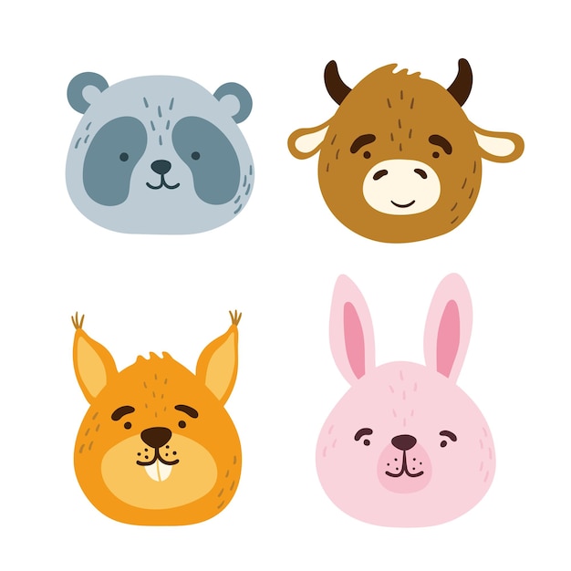 Colección de cabezas de caras de animales divertidos lindos Conjunto de varios bozales aislados de dibujos animados