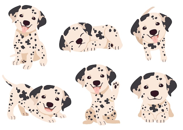 Vector la colección de cachorros de perro dálmata en muchas acciones. recurso gráfico sobre animales y mascotas kawaii.