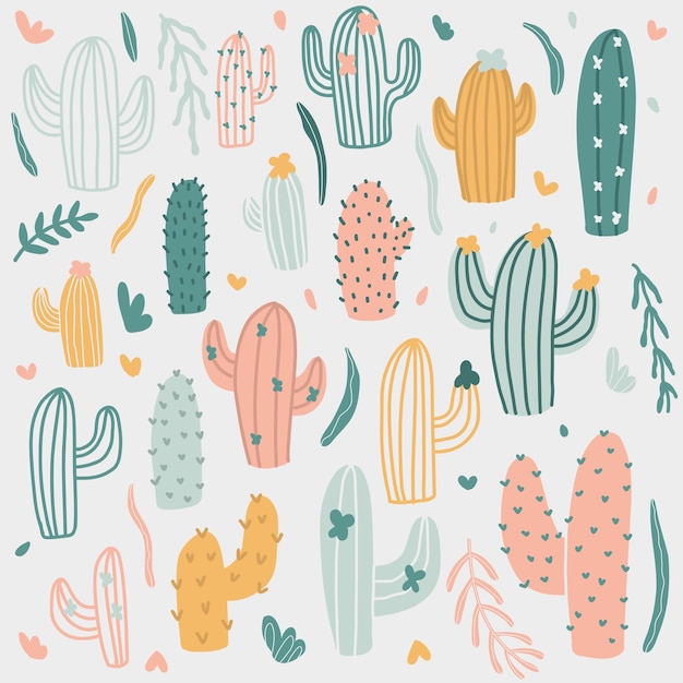 Una colección de cactus en colores pastel.