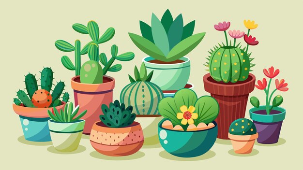 una colección de cactus y flores en macetas