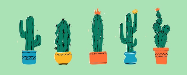 Colección de cactus y suculentas en macetas dibujadas a mano en un estilo de garabateo colorido