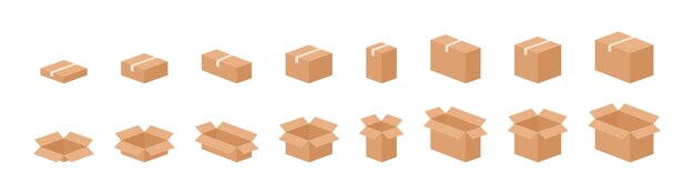 Colección de cajas de cartón Cajas de cartón abiertas y cerradas Conjunto de cajas de cartón aisladas sobre fondo blanco Paquete de entrega Caja de regalo de diseño 3d realista Ilustración gráfica vectorial EPS 10