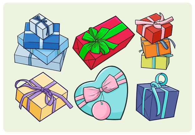 Vector colección de cajas de regalo coloridas divertidas en estilo simple doodle