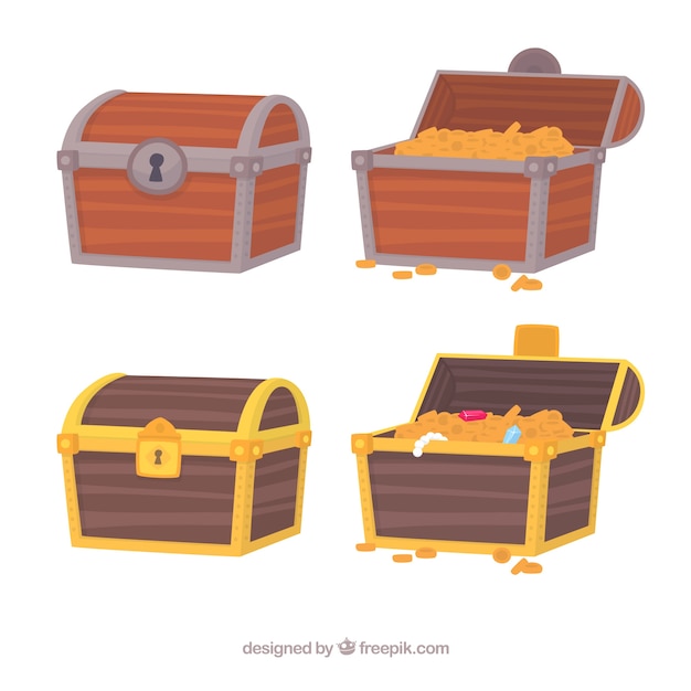 Vector colección de cajas del tesoro antiguas con diseño plano