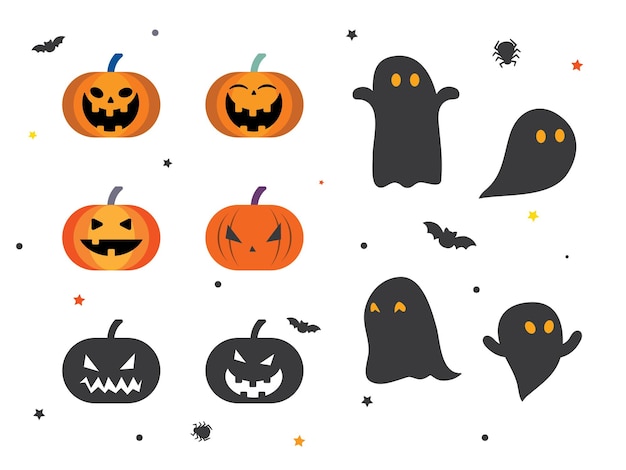 una colección de calabazas de Halloween con un fondo blanco y negro