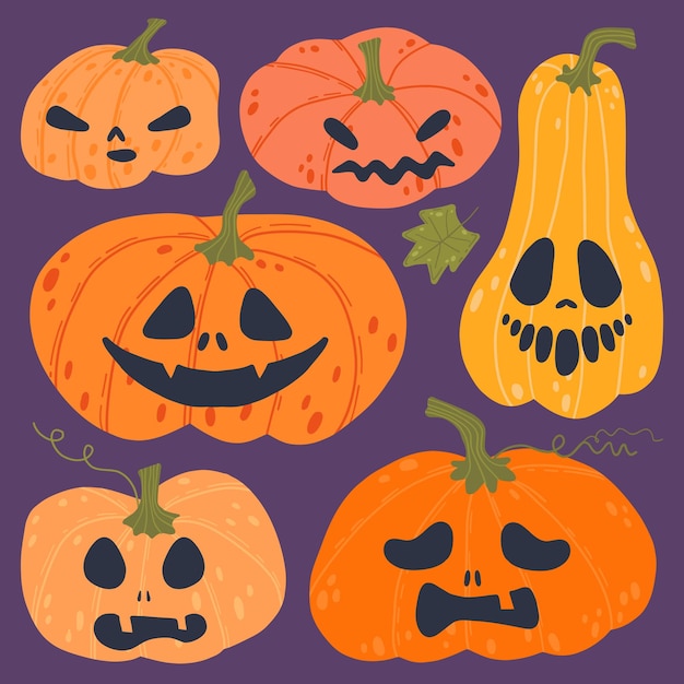 Una colección de calabazas de Halloween ilustradas con varias caras espeluznantes y divertidas en un púrpura oscuro
