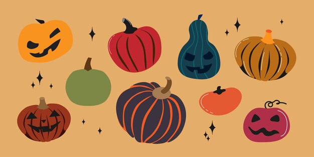 Colección de calabazas multicolores de Halloween conjunto icono clipart avatar logotipo ilustración aislada