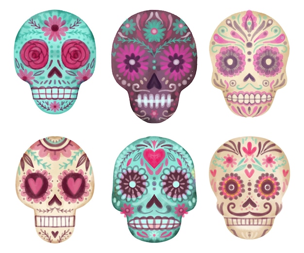 Vector colección de calaveras de dia de muertos en acuarela