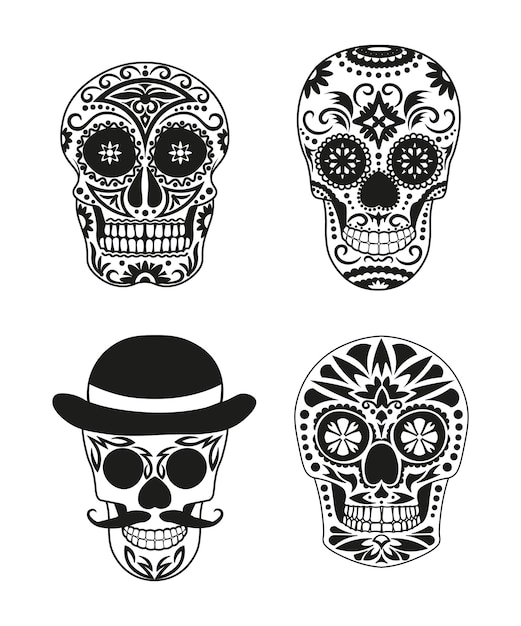 Colección de calaveras mexicanas en blanco y negro