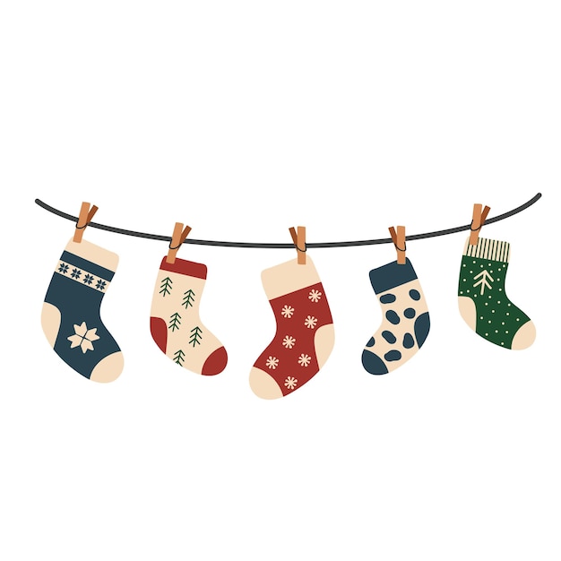 Colección de calcetines de invierno multicolores con varios patrones navideños sobre un fondo blanco