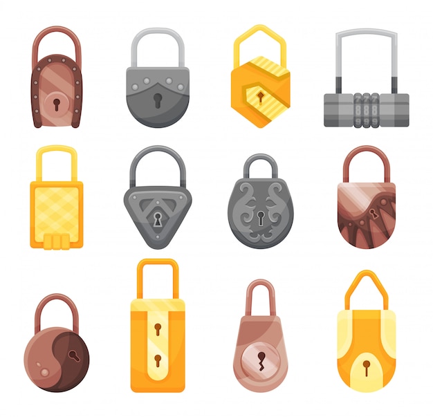 Colección de candados. Iconos de candado plano para protección de privacidad, aplicaciones web y móviles. Dibujos animados cerraduras cerradas. Plantilla de diseño de cerraduras doradas, de acero y bronce.