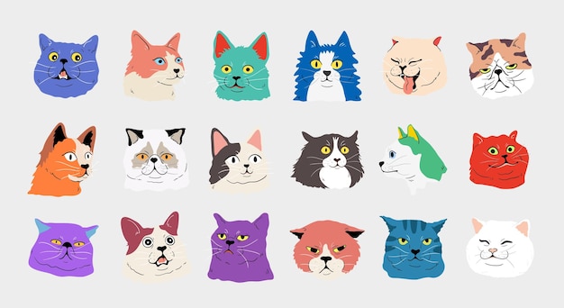 Colección caprichosa de gatos de dibujos animados coloridos con diversas expresiones