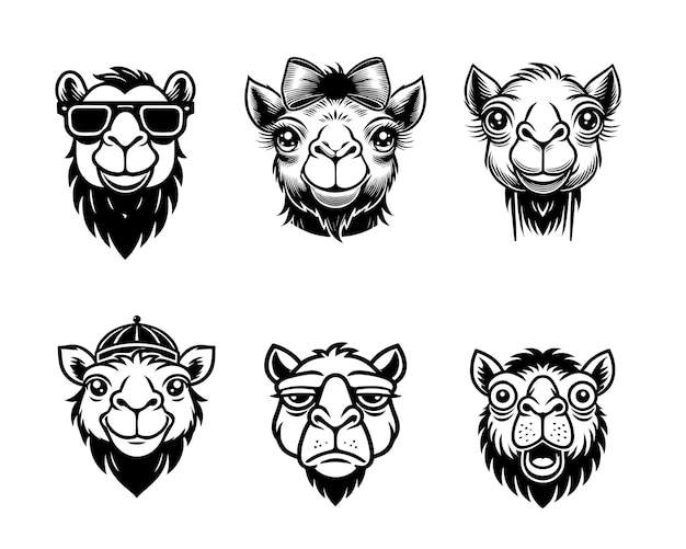 Colección de cara de camello Clipart Design Ilustración vectorial de cabeza de camello en blanco y negro