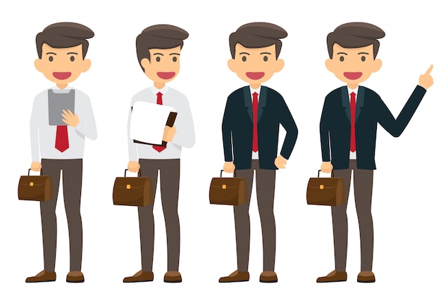 Colección de carácter empresario feliz y trabajando en aislados. Exitoso personaje de dibujos animados de negocios.