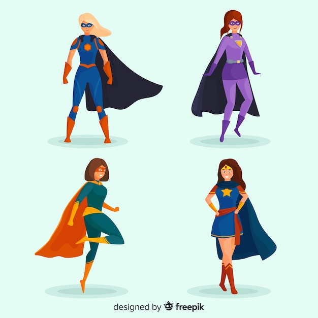 Vector colección de caracteres femeninos de superheroes en estilo de comic