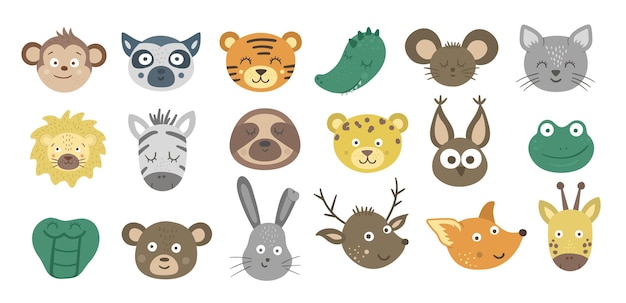 Colección de caras de animales. conjunto de pegatinas emoji de personajes tropicales y forestales. cabezas con expresiones divertidas aisladas. paquete de avatares lindos